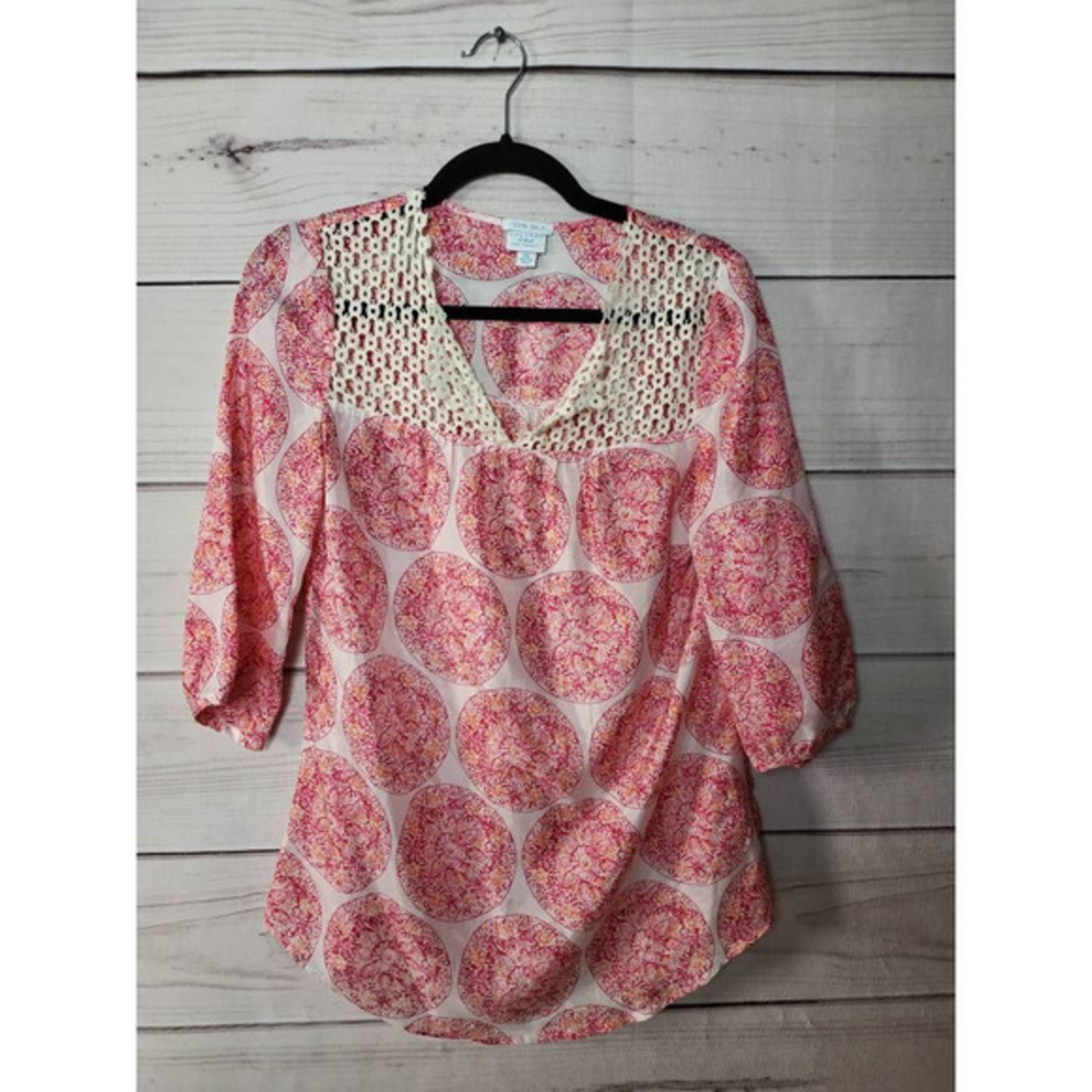 Calypso St. Barth Womens Peasant Blouse Pink Floral 3/4 Sleeve Silk Crochet XS
